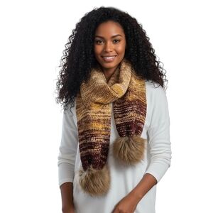 Frye Marled Knit Crochet Faux Fur Scarf Multi Color Maroon Tan Yellow White Y2K